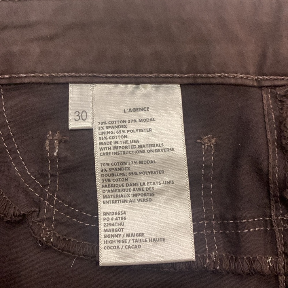 NWOT L’AGENCE Brown Margot Skinny High Rise Denim Jeans Cotton Blend Size 30 - Picture 6 of 6